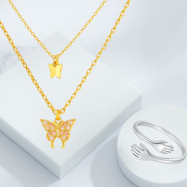 Butterfly Layered Necklace & Hug Ring Combo –Trendy Combo for Women