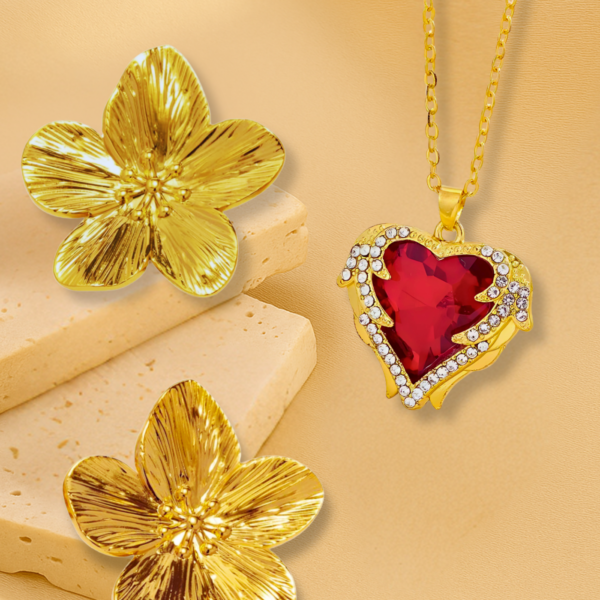 Heart Shaped Red Stone Necklace with Gold Flower Earrings Combo