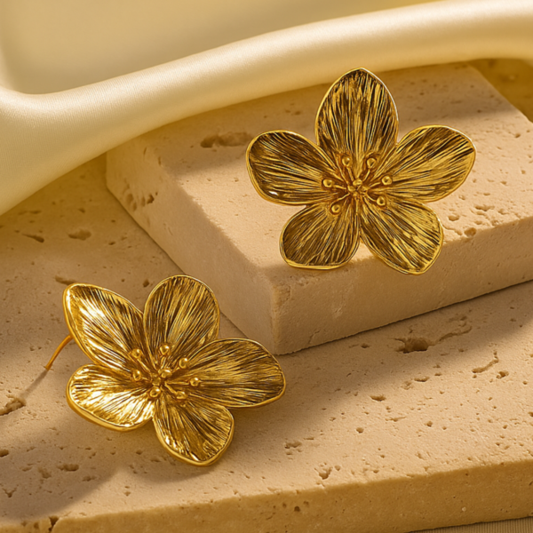 Golden Bloom Stud Earrings – 3D Floral Design in Gold | Lightweight & Elegant