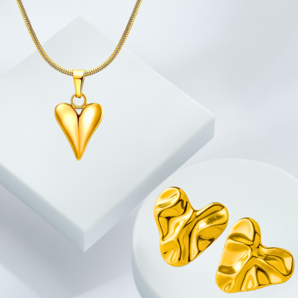 Combo Heart Earrings and Necklace Set – Elegant and Modern Design with Gold Finish