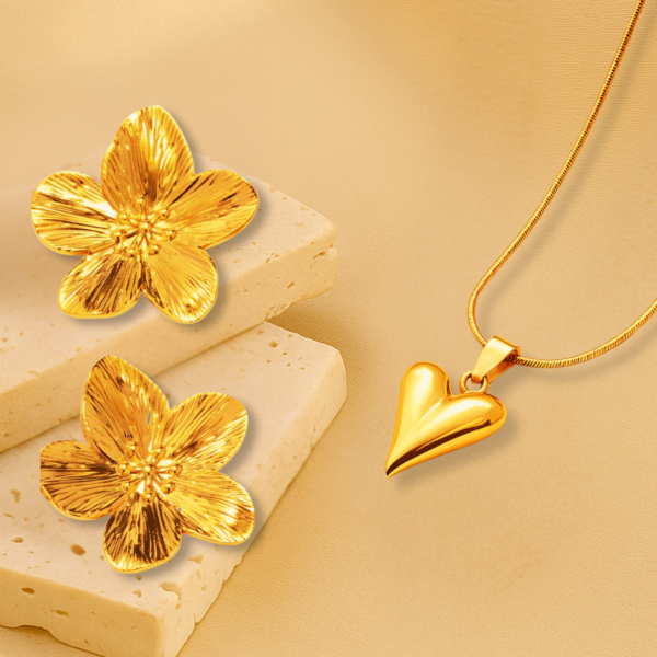 Radiant Gold Blossom Earrings & Heart Pendant Combo