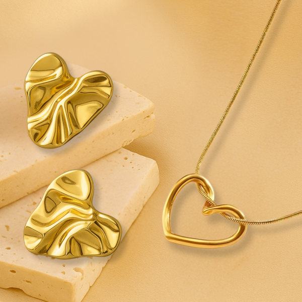 Contemporary Gold Heart Pendant & Crinkled Heart Earrings Set